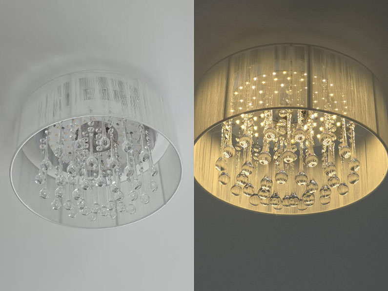 Two ceiling lamps on a split background: one shiny silver with clear crystals, the other warm gold with illuminated crystals.